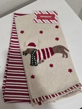 Nwt Christmas Kitchen Towels Dachshund Dog, Set Of 2 Gold Embroidered 90% Cotton