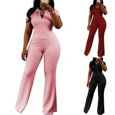 Women's 2pcs Outfits Slim Fit V Neck Top Flare Pants Short Sleeve Matching Sets