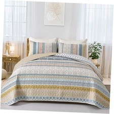 Boho Quilt Set Size, Yellow Bohemian 3 Pieces Fall Quilt Full Yellow Blue