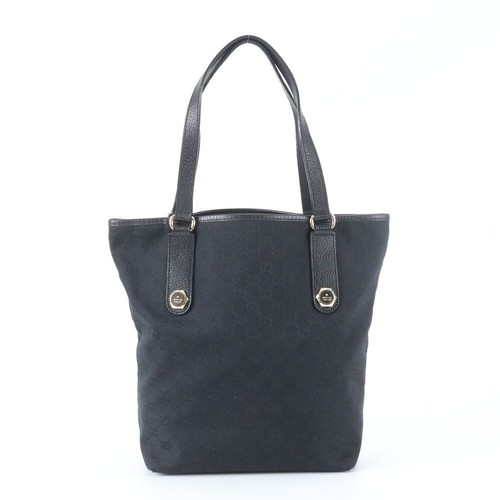 Gucci GG Canvas Leather Tote Bag Black Shoulder Handbag Women 153009 Authentic