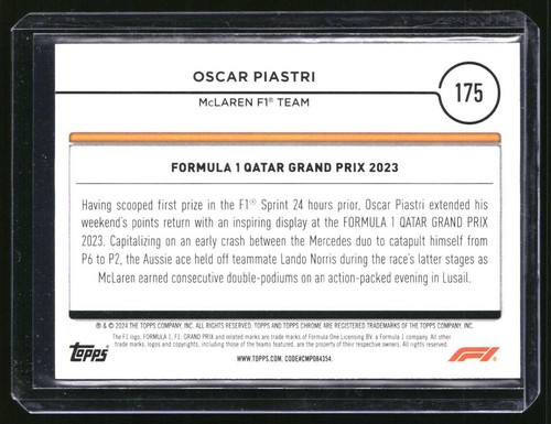 2024 Topps Chrome Sapphire Formula 1 F1 Oscar Piastri Gold 17/50 #175 - 第 2/2 張圖片