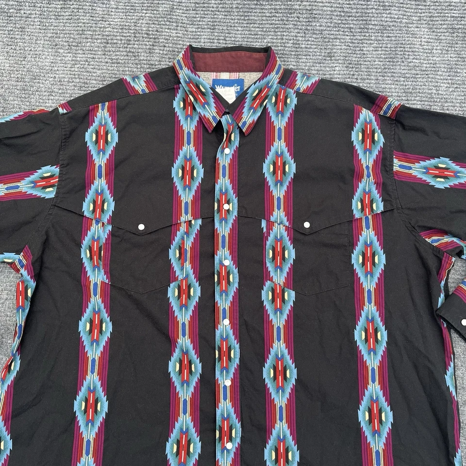 Wrangler Pearl Snap Shirt Mens Size 2XL Black Aztec Southwest Yoke Western Vtg - Image 2 of 4