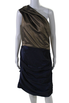 Halston Heritage Womens Two-Toned Zip Up One Shoulder Dress Brown Size 14