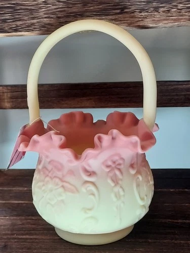Uranium Glass Fenton Burmese Satin Wild Rose Bowtie Basket 9 1/2" T