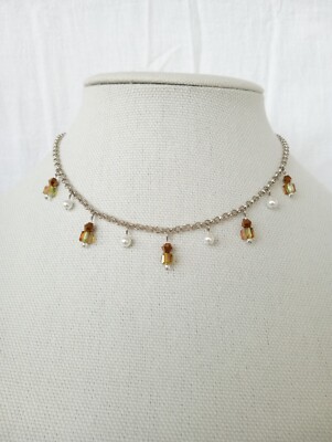 Handmade Boho Style Antique Silver Color Rolo Chain Necklace Iridescent Beads
