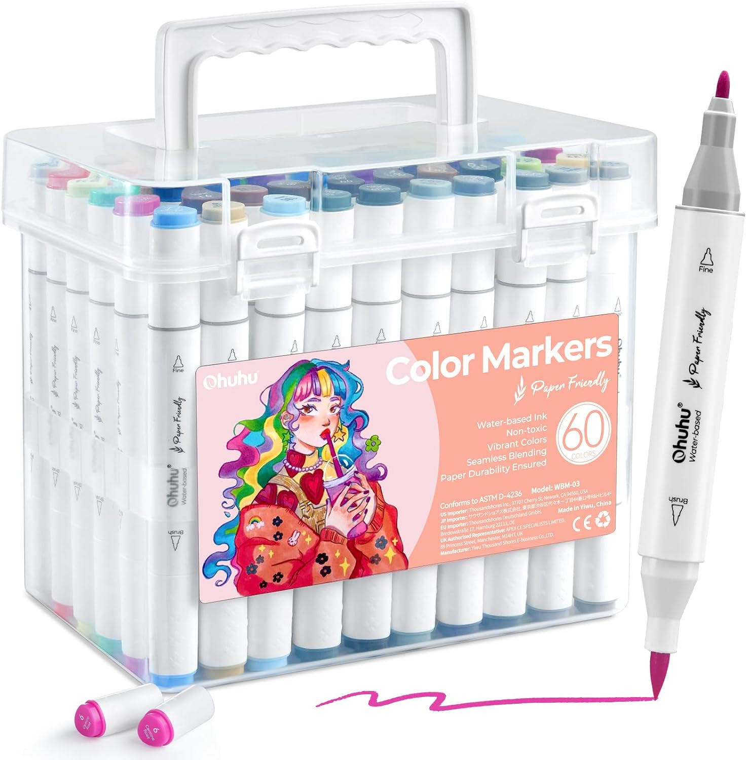 60-Color Water-Based Dual Brush Markers – No Peeling, Paper-Friendly Fine Tip Coloring-image