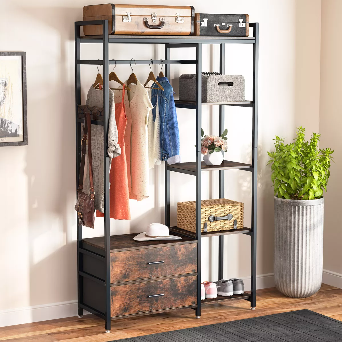 Tribesigns Free-Standing Closet Organizer,Heavy Duty Clothes Rack with 6  Shelves and Hanging Bar, Large Closet Storage System & Closet Garment  Shelves