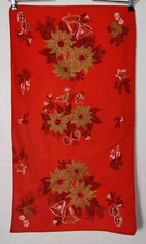 Vintage Red Christmas Linen? Tea Towel Gold P...