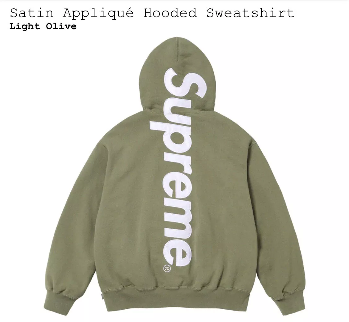 Supreme Satin Appliqué Hooded Sweatshirt Light Olive Size Large