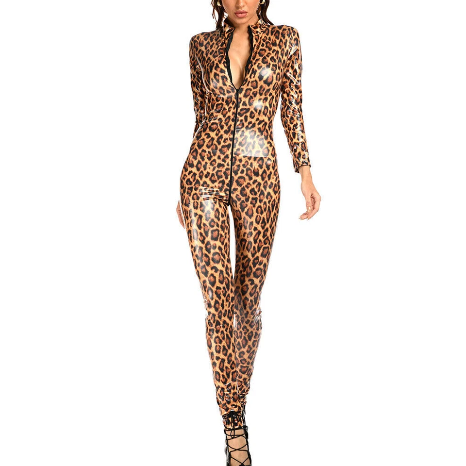 Body brillante con estampado de leopardo de cuero sintético para mujer con cremallera entrepierna Foto 4 de 4