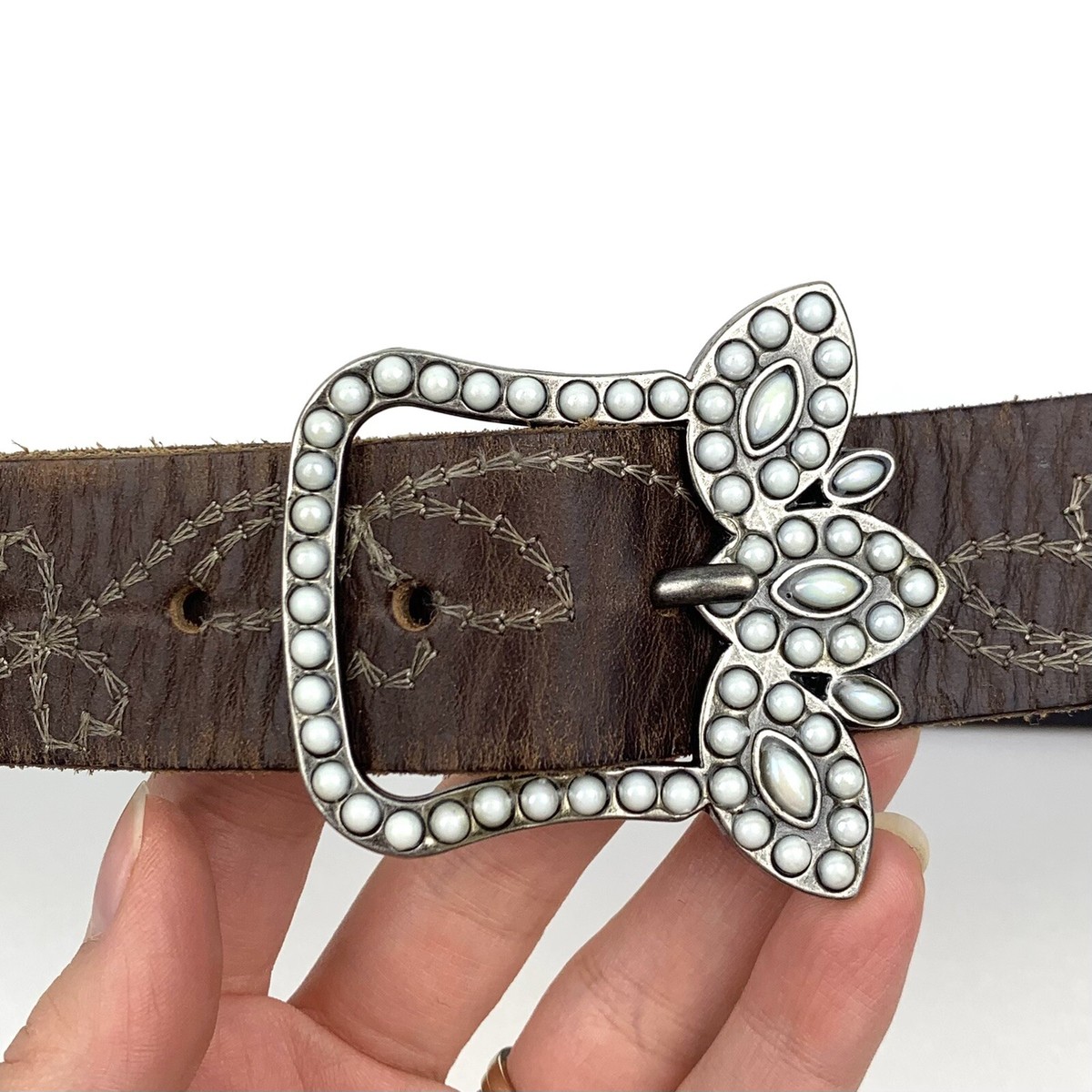 Linea Pelle Sz S Brown Leather Belt Statement Buckle  display picture 2