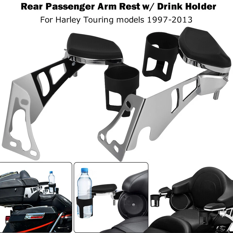 Reposabrazos trasero cromado para pasajero con soporte para bebidas para Harley Touring Tri Glide 97-13 Foto 3 de 4