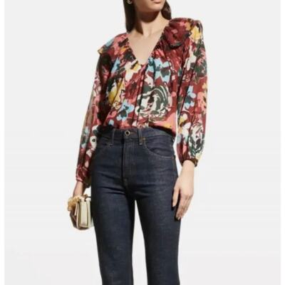 Tanya Taylor Silk Crepe Kayla Blouse with Ruffle Detail sz SM NWT