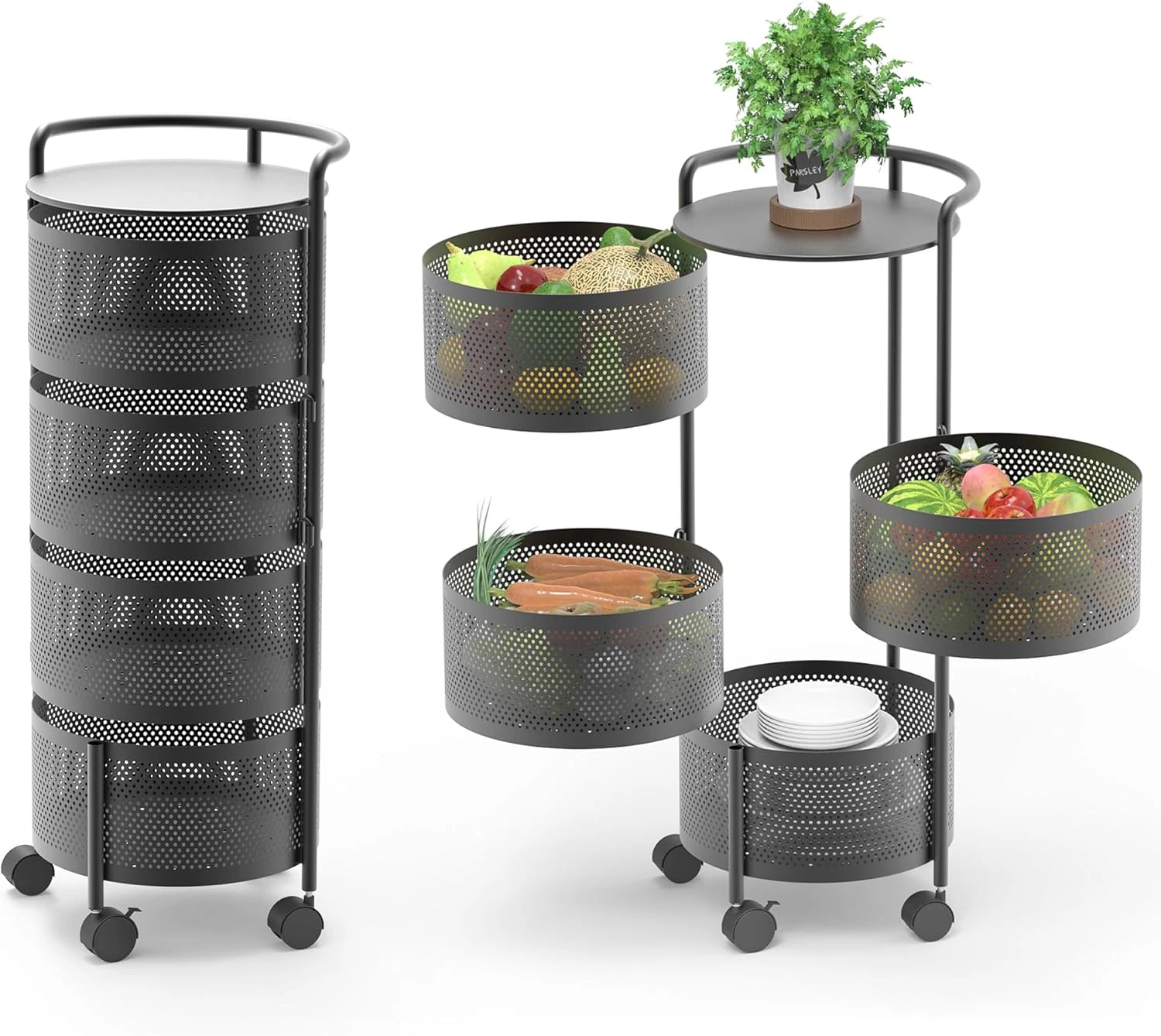 4-Tier Rolling Kitchen Storage Rack with Removable Drawers - Black