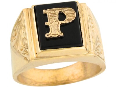 10k or 14k Real Gold 12x10mm Rectangle Onyx Letter P Fancy Mens