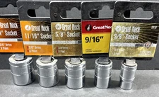 5- Great Neck Sockets, 3/8” Drive, 6 Point, 3/4" 11/16" 5/8" 9/16" 3/8", Unused