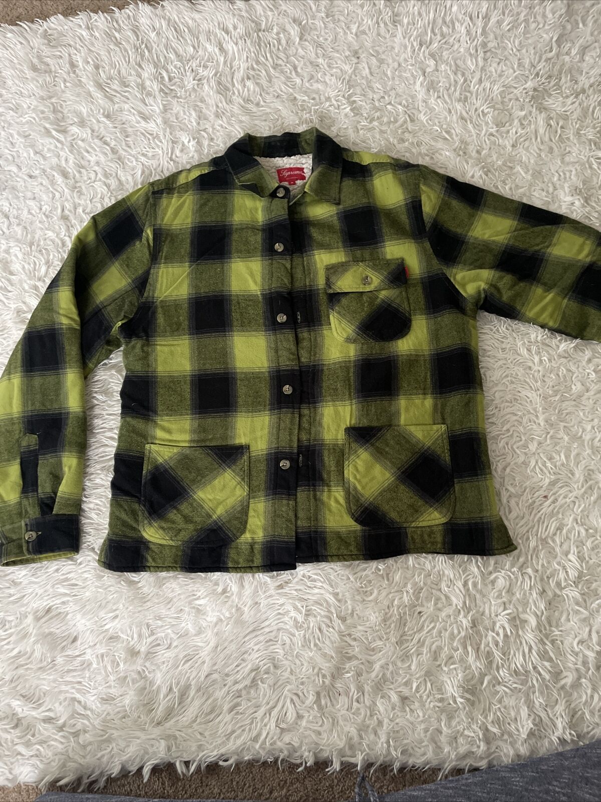 Pre Owned Supreme Buffalo Plaid Sherpa Lined Chore Shirt Pea Green - Medium