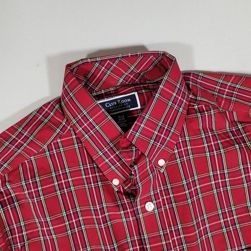 Club Room Performance Tartan Dress Shirt Mens Medium 15.5 32/33 Red Navy Plaid - Picture 3 of 4