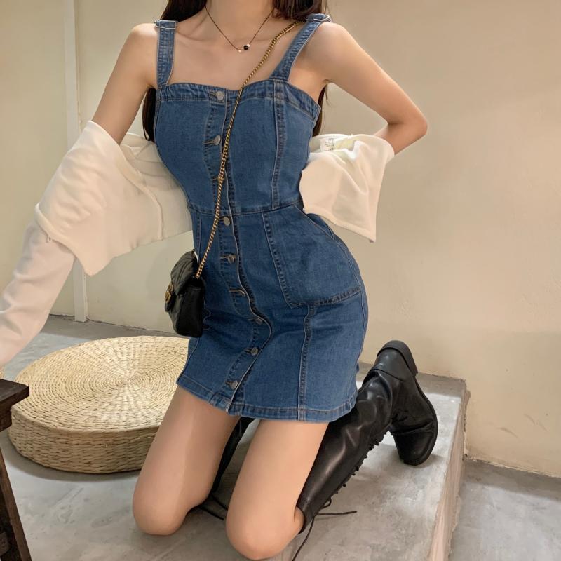 2023 Summer Denim Strap Skirt Women's Vintage Strap Skirt Slim Fit