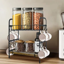 Coffee Bar Station Organizer Mug Cup Holder Stand 2 Tier Mug Tree Rack with Hook