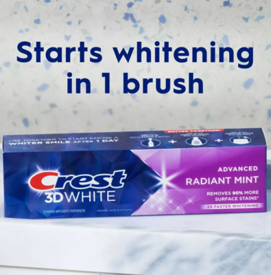 Crest 3D White Advanced Radiant Mint, Teeth Whitening Toothpaste, 0.85 oz 1 Tube