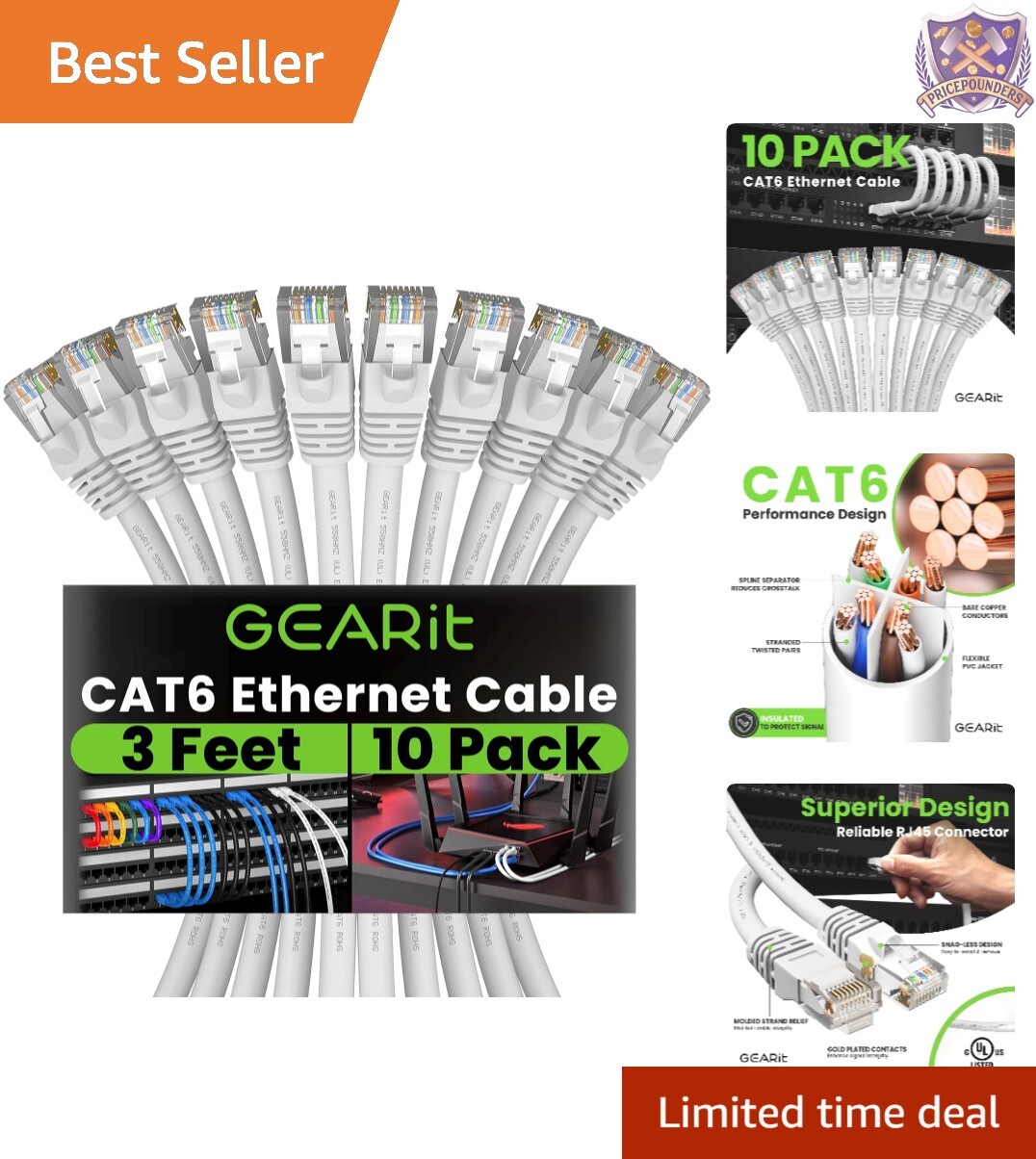 Cat 6 Ethernet Cable 10-Pack 3ft 10Gbps Snagless Patch Cord White-image