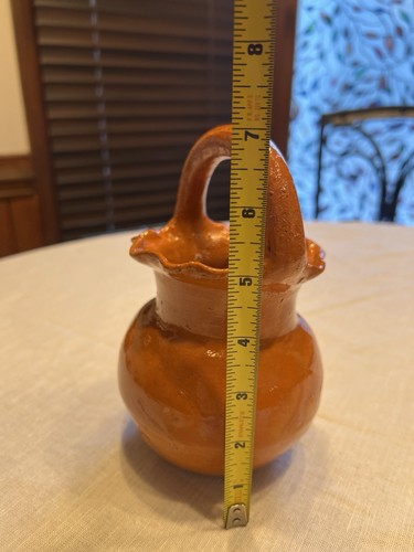 Vintage Handmade Orange Glazed Pottery Jug Pitcher with Handle 6.5” - Afbeelding 7 van 8