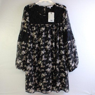 Nwt DR2 Von Daniel Rainn Schwarz Blumenmuster Langarm Bauer Kleid Damen Groß