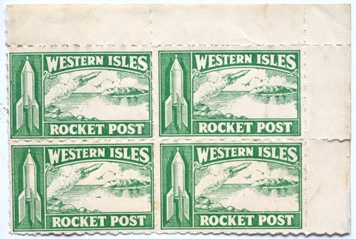 Block of 4 Western Isles Rocket Post stamps 1934