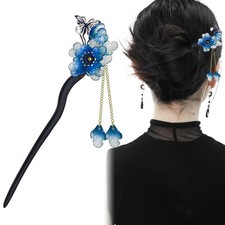 Blue Plum Blossom Resin Hairpin Wooden Stick Tassel Chinese Hanfu Style Fork