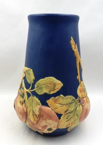 VINTAGE SIGNED WELLER POTTERY BALDIN BLUE GLAZE RED APPLE VASE, MADE IN USA