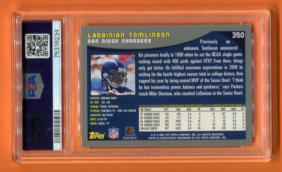 Tarjeta de fútbol americano Topps La Dainian Tomlinson San Diego Chargers Hof 2001 #350 PSA 8 Foto 2 de 2
