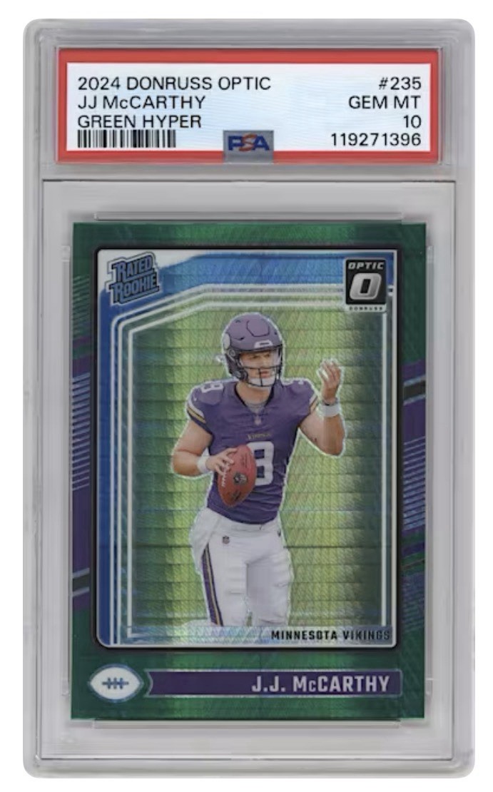 2024 Donruss Optic Rated Rookie J.J. McCarthy #235 Green Hyper Prizm RC PSA 10