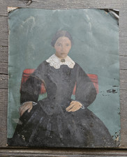 Antique Portrait Painting Woman 1840s Oil on Tin American Folk Art AAFA 8x7