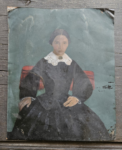 Antique Portrait Painting Woman 1840s Oil on Tin American Folk Art AAFA 8x7"