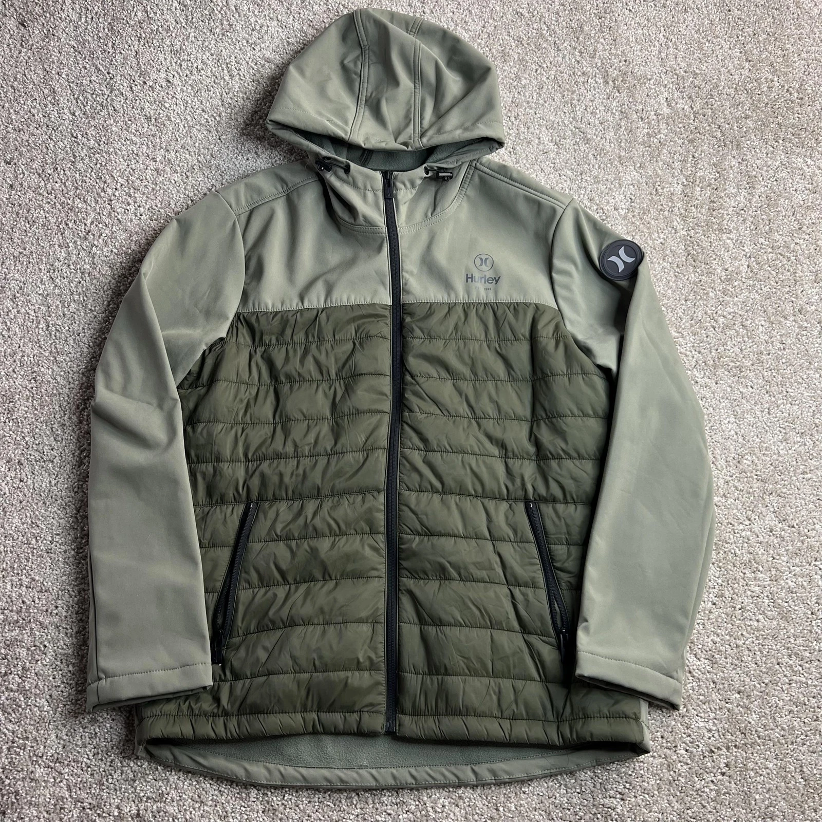 Hurley Jacket Mens Large Green Hooded Puffer Softshell Full Zip Quilted Pockets