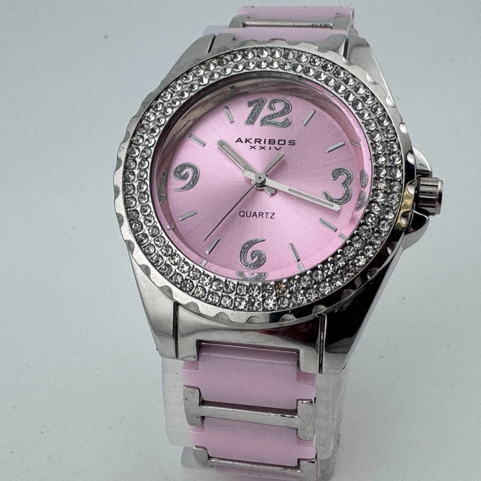Akribos relógio de quartzo feminino prata rosa cerâmica strass analógico nova bateria - Imagem 2 de 4