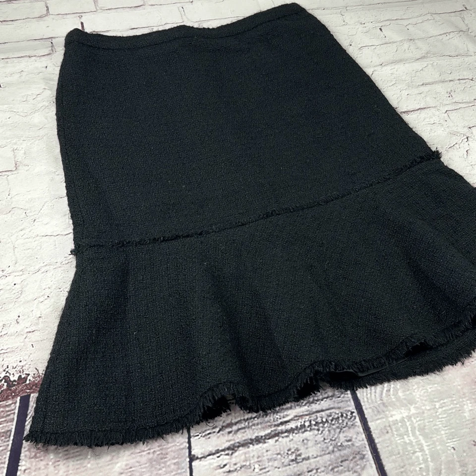 J Crew 裙女式 8 羊毛衬里喇叭喇叭喇叭荷叶边粗花呢黑色 — 第 3/4 张图片