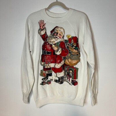 VTG Old Fashioned Santa Claus Sweatshirt Glitter Puffy Paint Womens L 90s 1990s