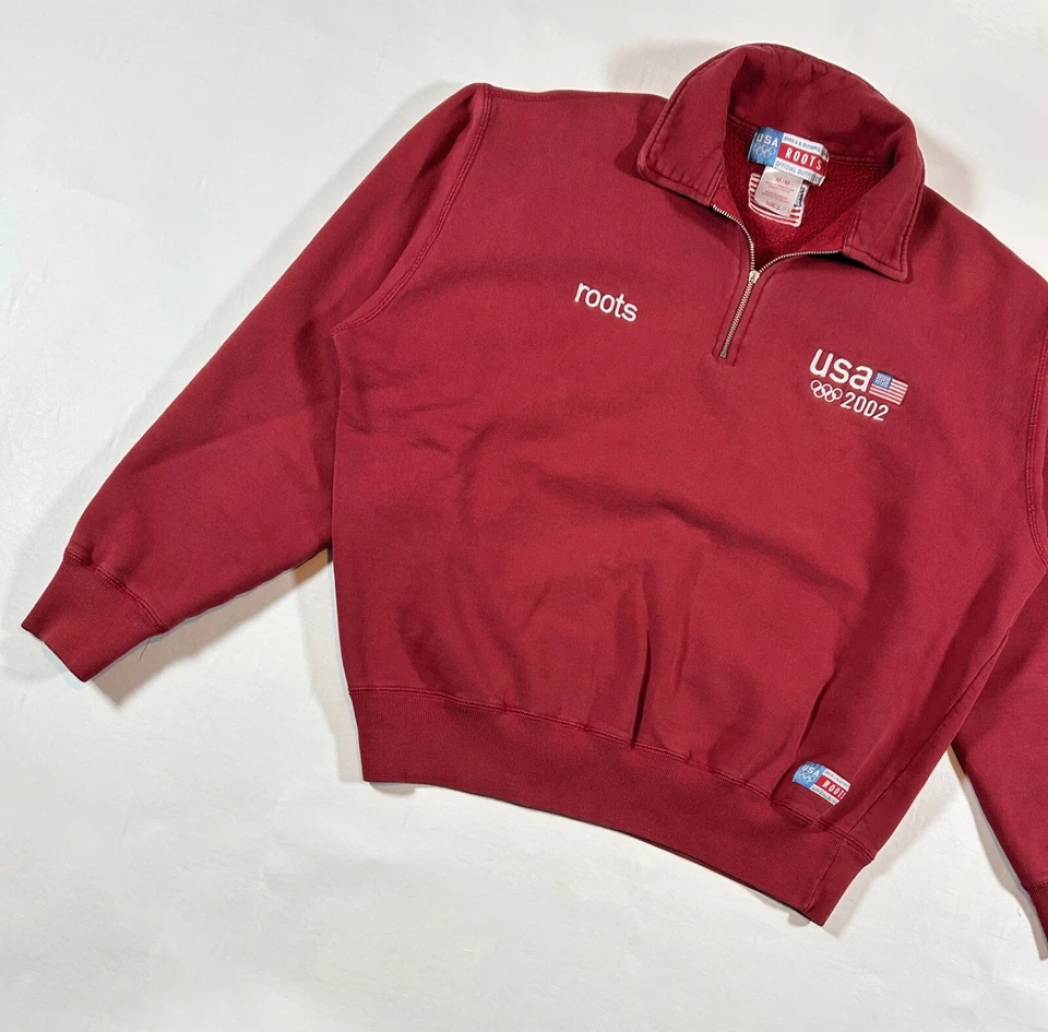 Vintage 2002 Roots U.S Olympic Team 1/4 Zip Pullover Red Sweater Mens Sz Medium - Image 3 of 4