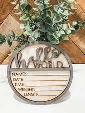 Hello World Baby name reveal announcement arrival card Name Sign Grey Birth Wood