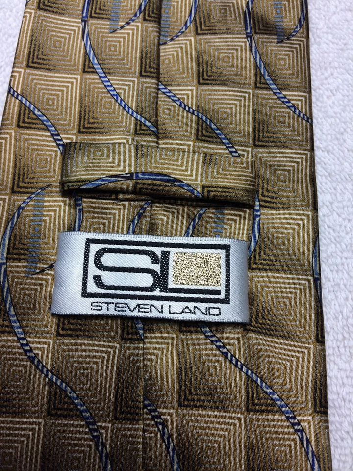 Gravata masculina Steven Land marrom e flexível com cinza e preto nova sem etiquetas 4 x 61 - Imagem 4 de 4