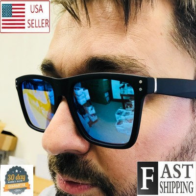 Trendy Sunglasses Men Square Blue Black Lens Classic Retro Sports Light Weight