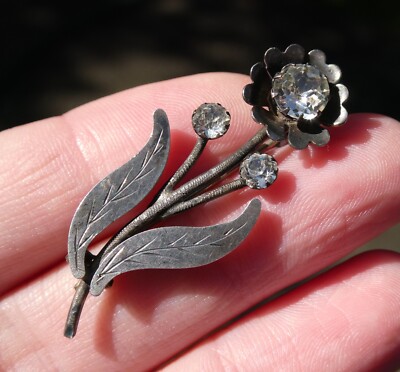 Belle Broche Ancienne En Argent Massif Sterling Avec émail Et Strass - Pièce Vintage