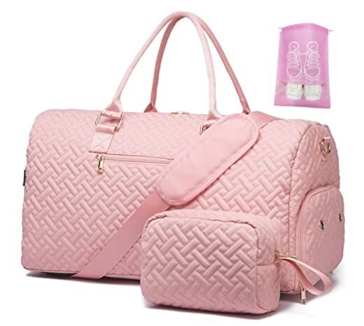 Duffle Bag for Travel, Weekender Bag with Shoe Compartment, Carry Pink Style1