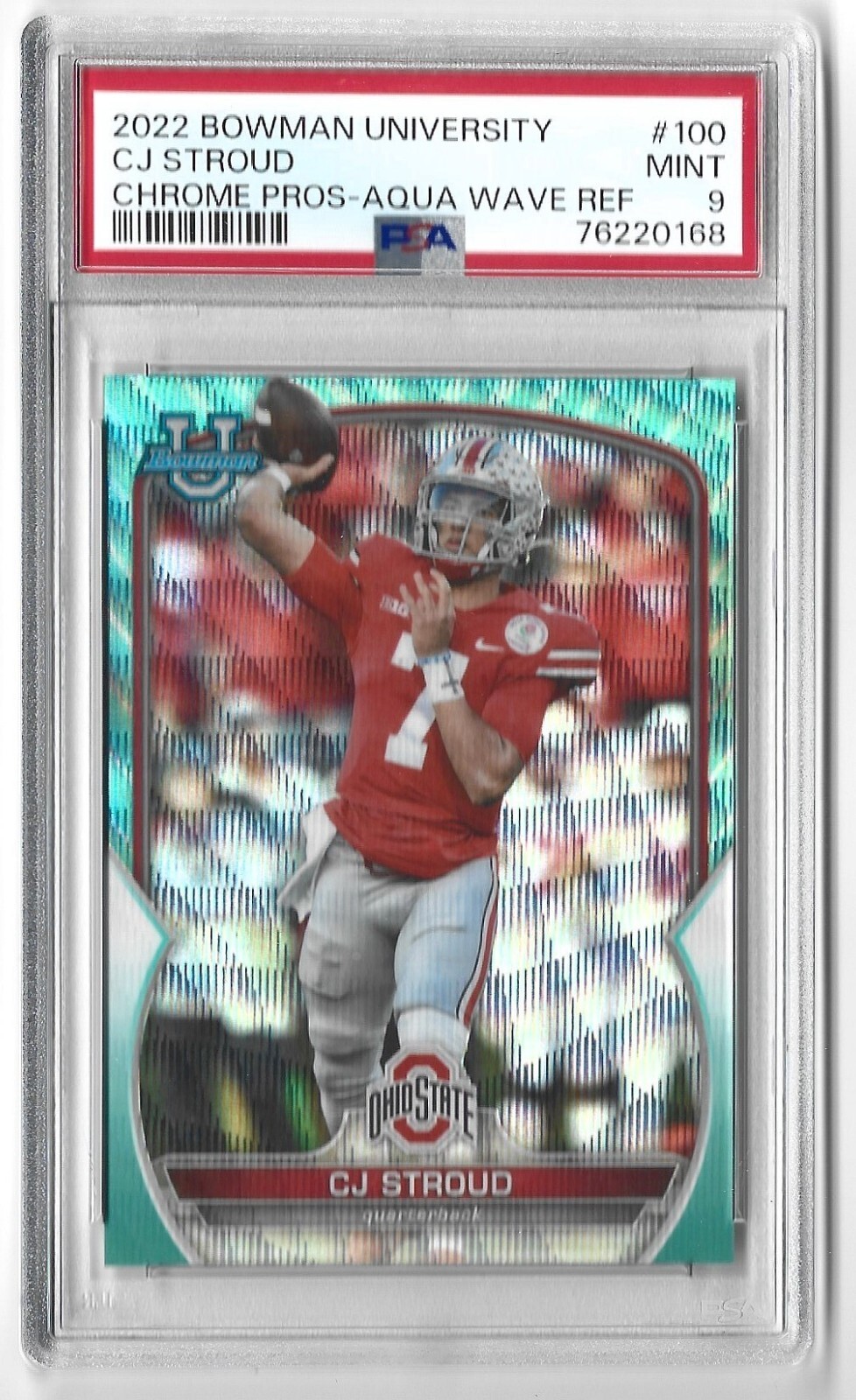2022 Bowman University Chrome #100 CJ Stroud Aqua Wave Refractor PSA 9 35/299