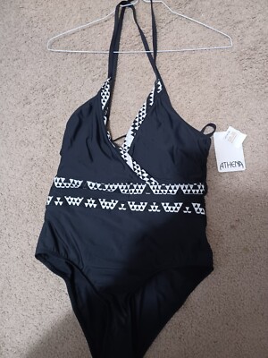 NWT Athena  Black And White Diamond Print Swimsuit Size 12 ADJ Halter style