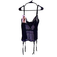 Seven til Midnight black Two Piece Flocked Mesh and Lace Bustier and Thong SZ L