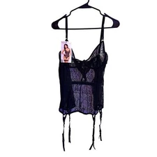 Seven til Midnight black Two Piece Flocked Mesh and Lace Bustier and Thong SZ L