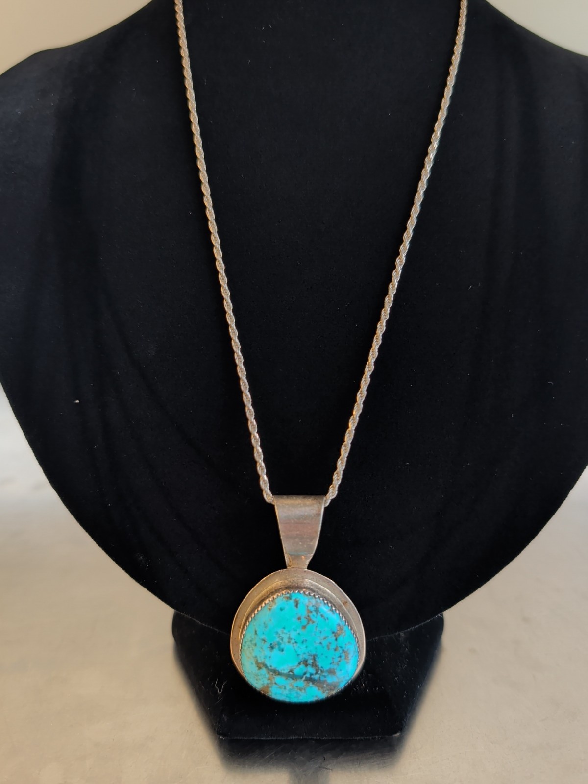 Santo Domingo Joeba turquoise 1 inch Silver Pendant On Italy Woven Chain 16 inch